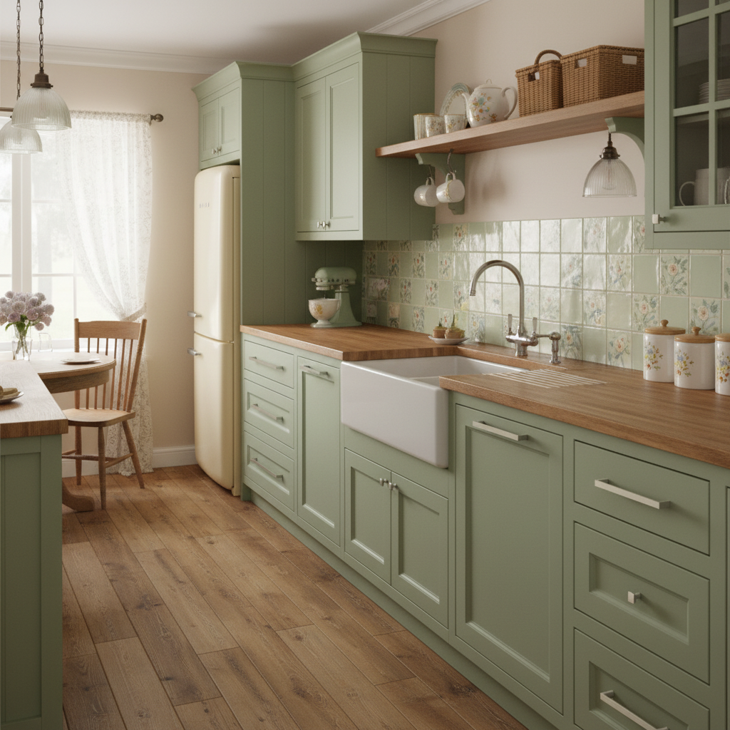 satin nickel cabinet pulls on a green cabinets in an English Country kitchen setting 
