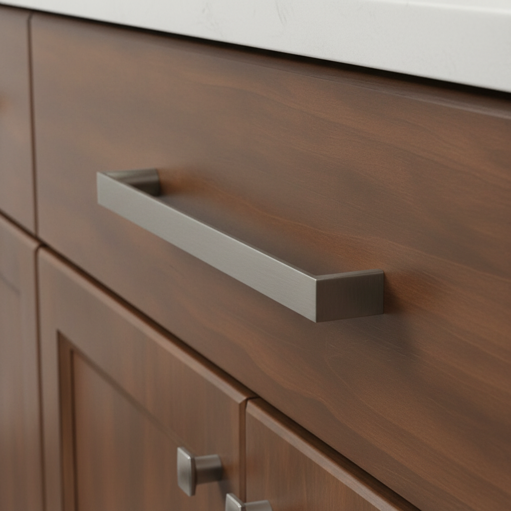 Wooden cabinet with a satin nickel cabinet handle