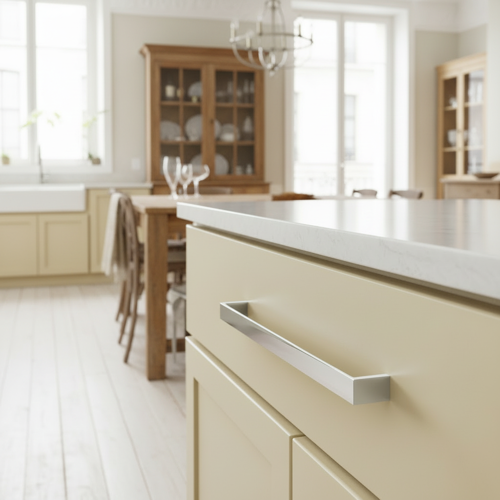 Close-up of a kitchen cabinet with a metallic handle in a modern kitchen setting.