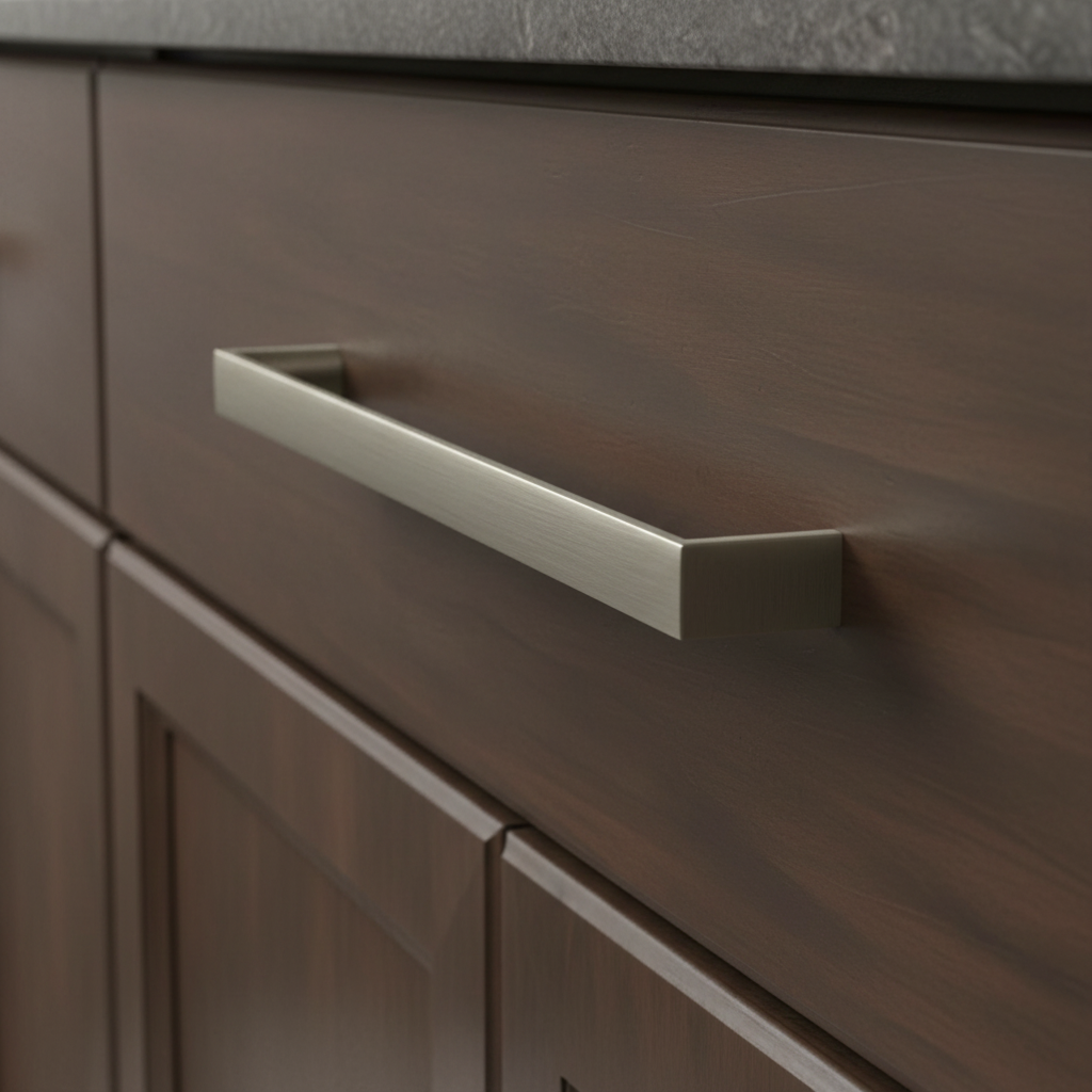 warm wood and a modern satin nickel cabinet pull