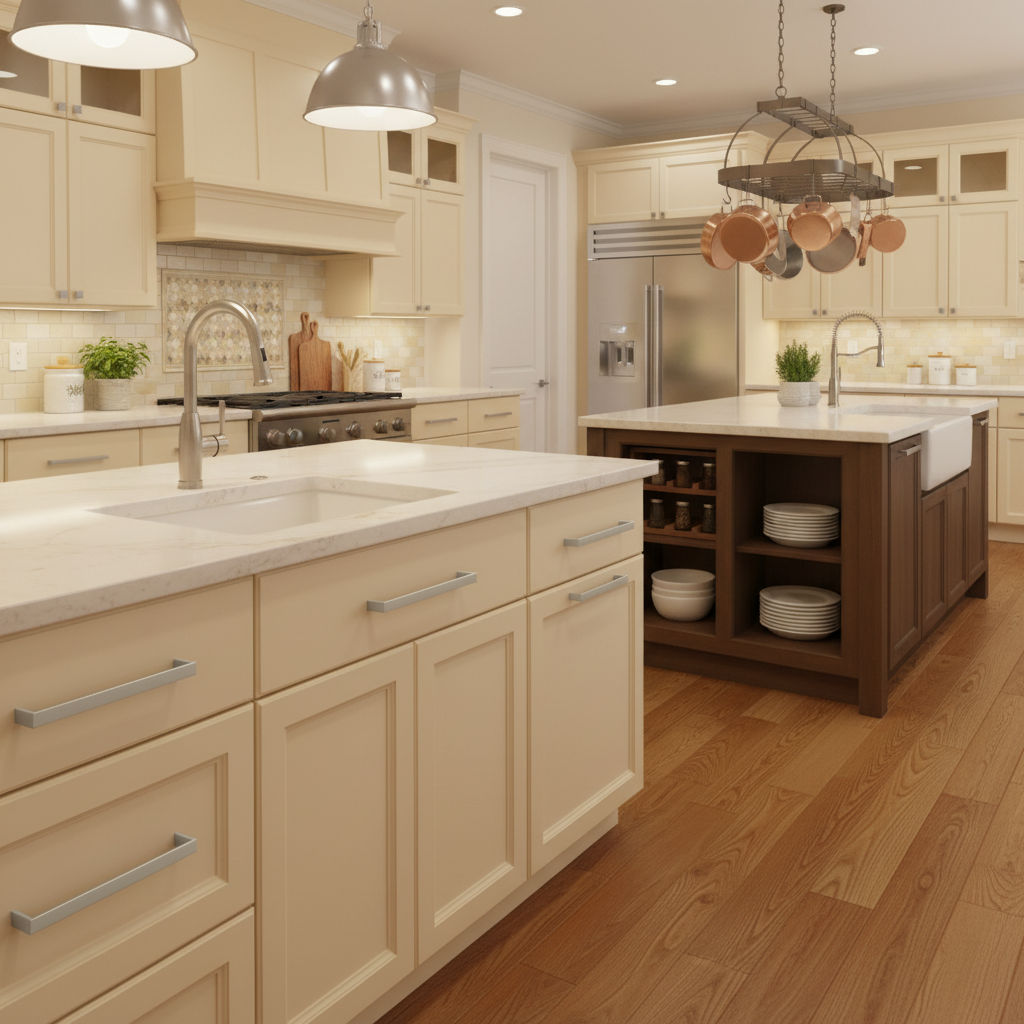 bakery kitchen with satin nickel cabinet pulls