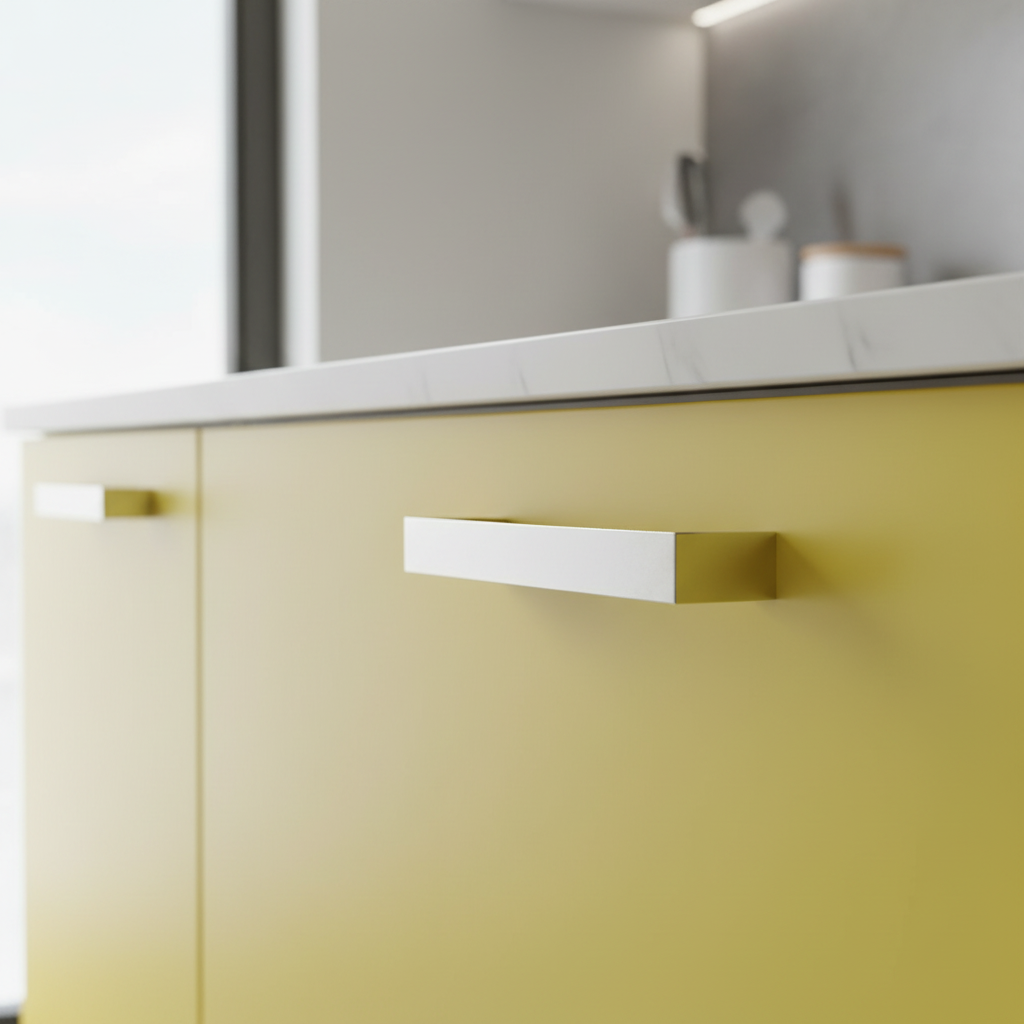 A polished chrome cabinet pull with a sleek, modern design on yellow drawer