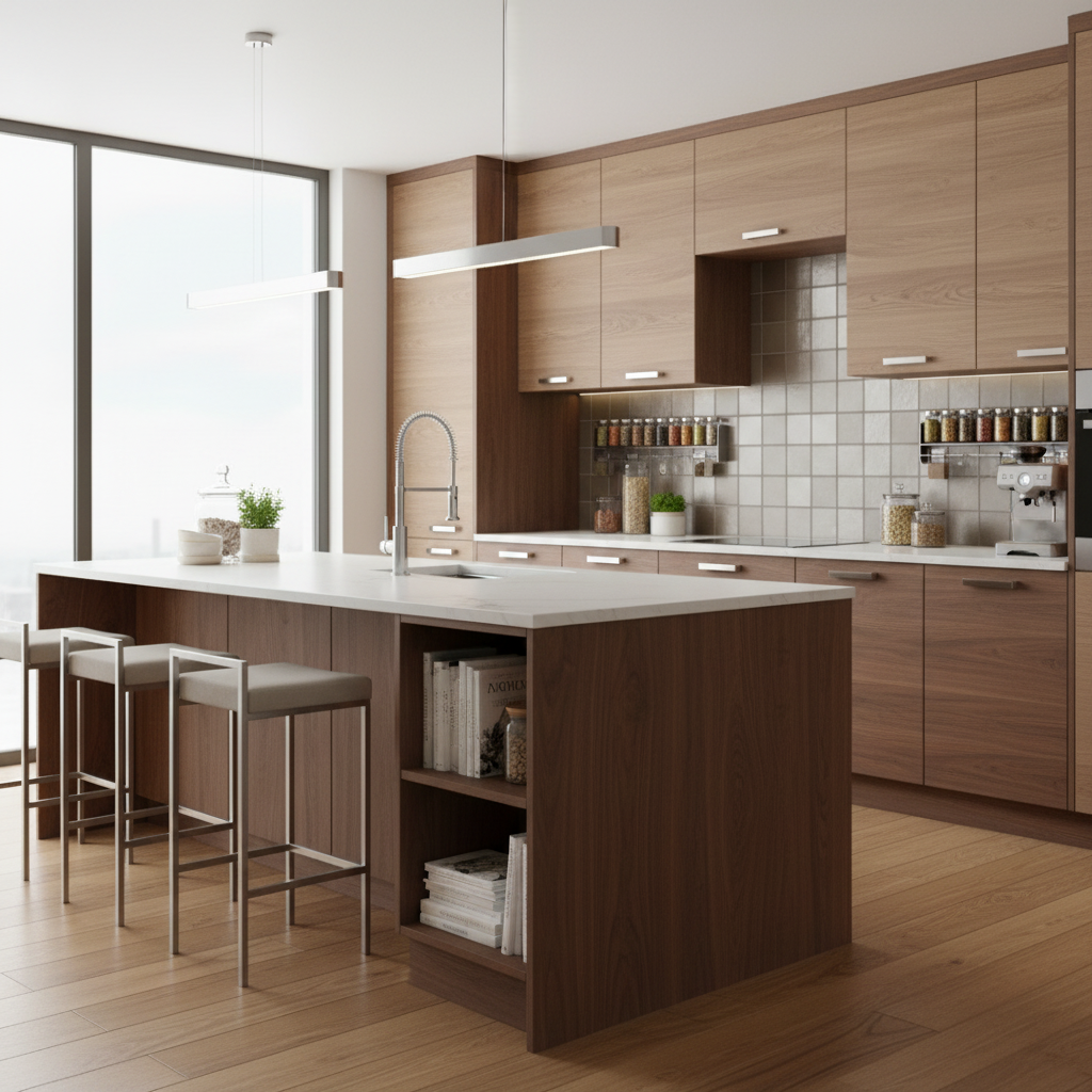 A polished chrome cabinet pull with a sleek, modern design in brown kitchen