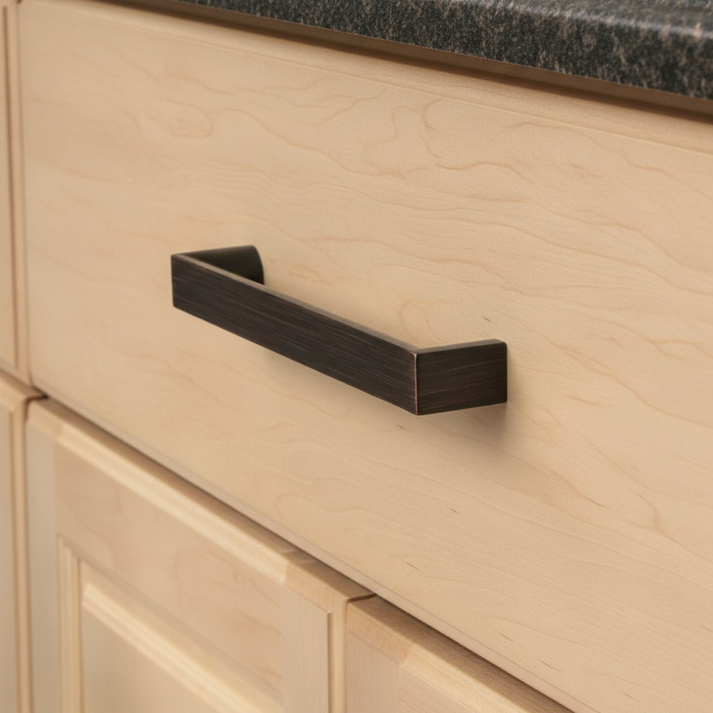 rubbed bronze cabinet handle on an oak drawer 