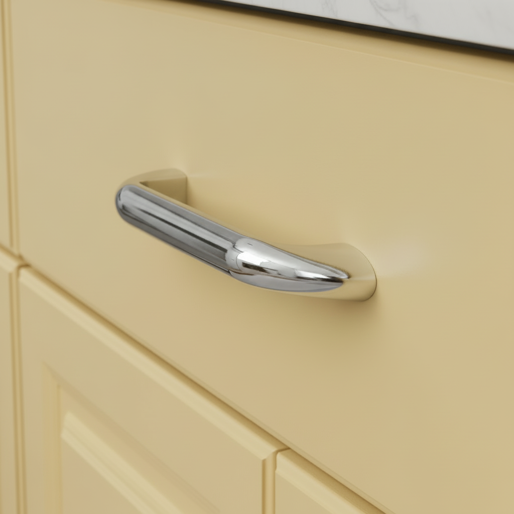 Chrome cabinet handle on a gray cabinet door