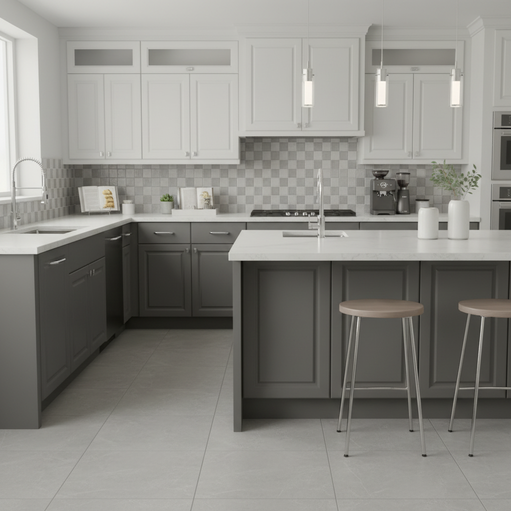 Chrome cabinet handle on a gray cabinet door