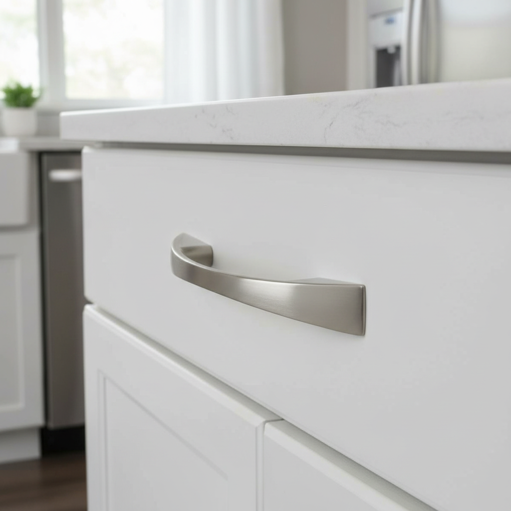 Close-up of a white kitchen cabinet with a silver handle