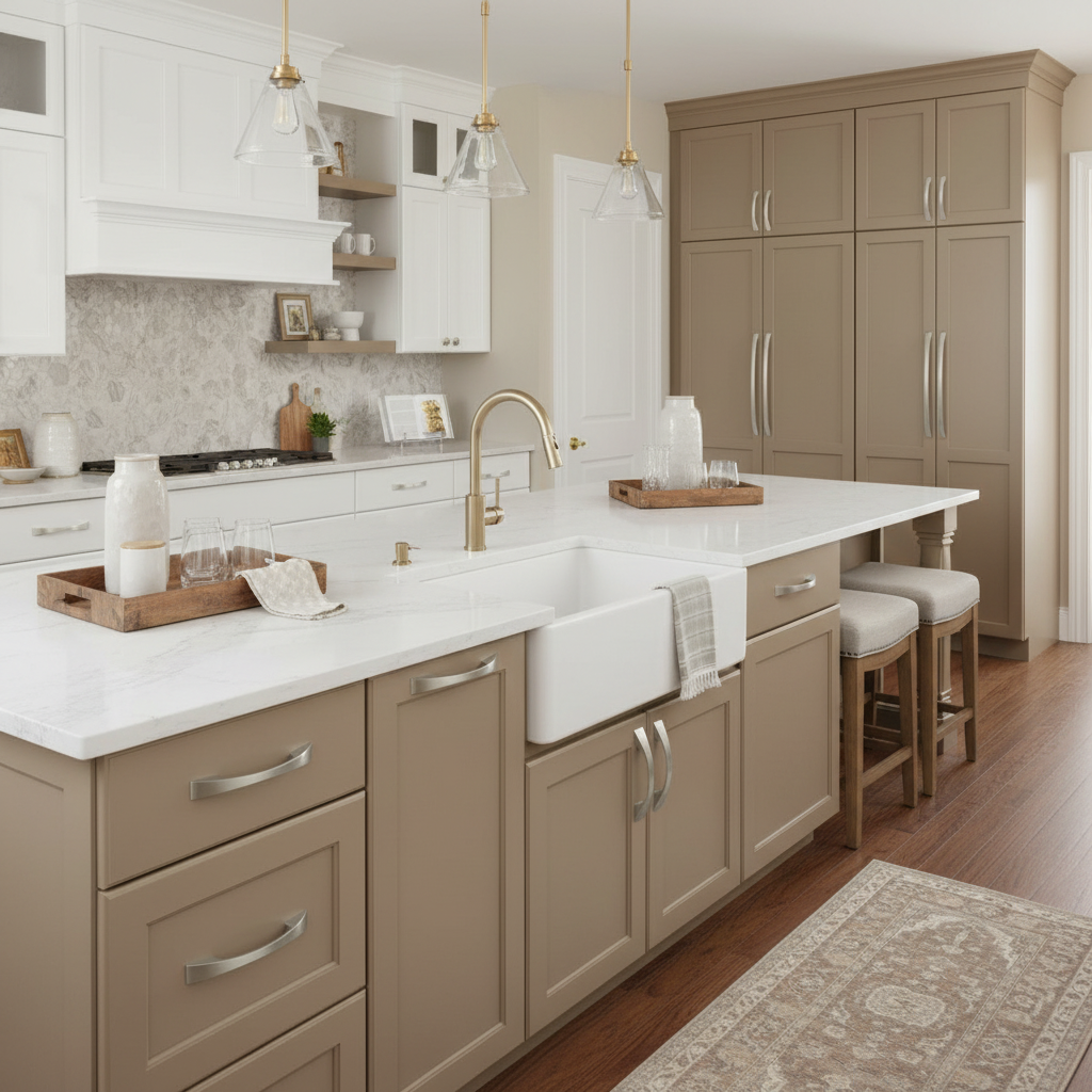 Modern kitchen with beige cabinets, white countertops, and wooden flooring.