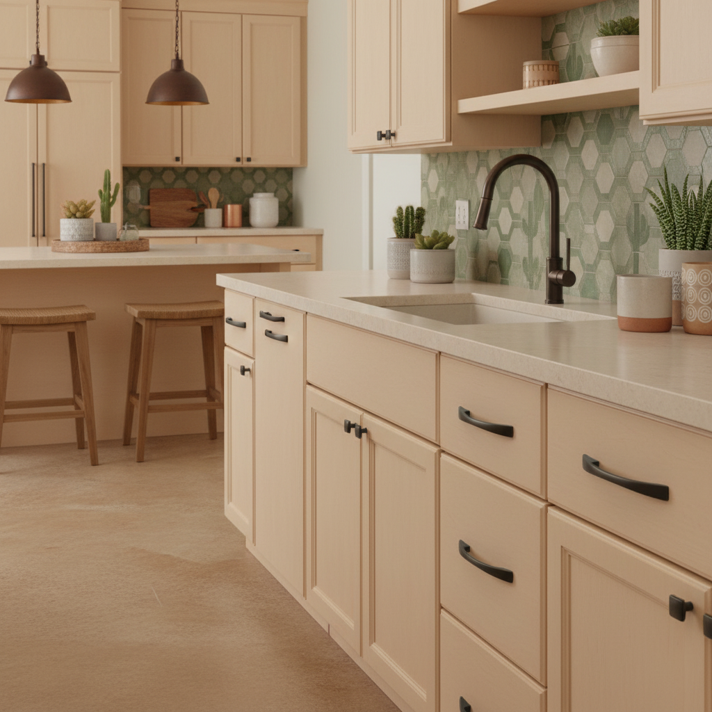oil rubbed bronze handle on a creamy cabinets in a modern kitchen 