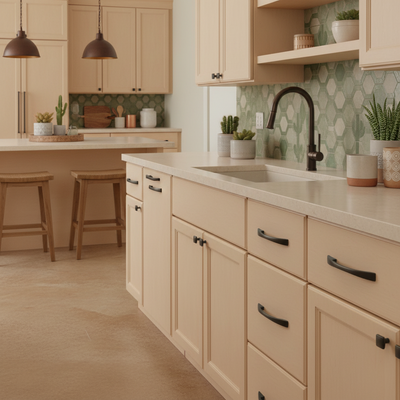 oil rubbed bronze handle on a creamy cabinets in a modern kitchen 