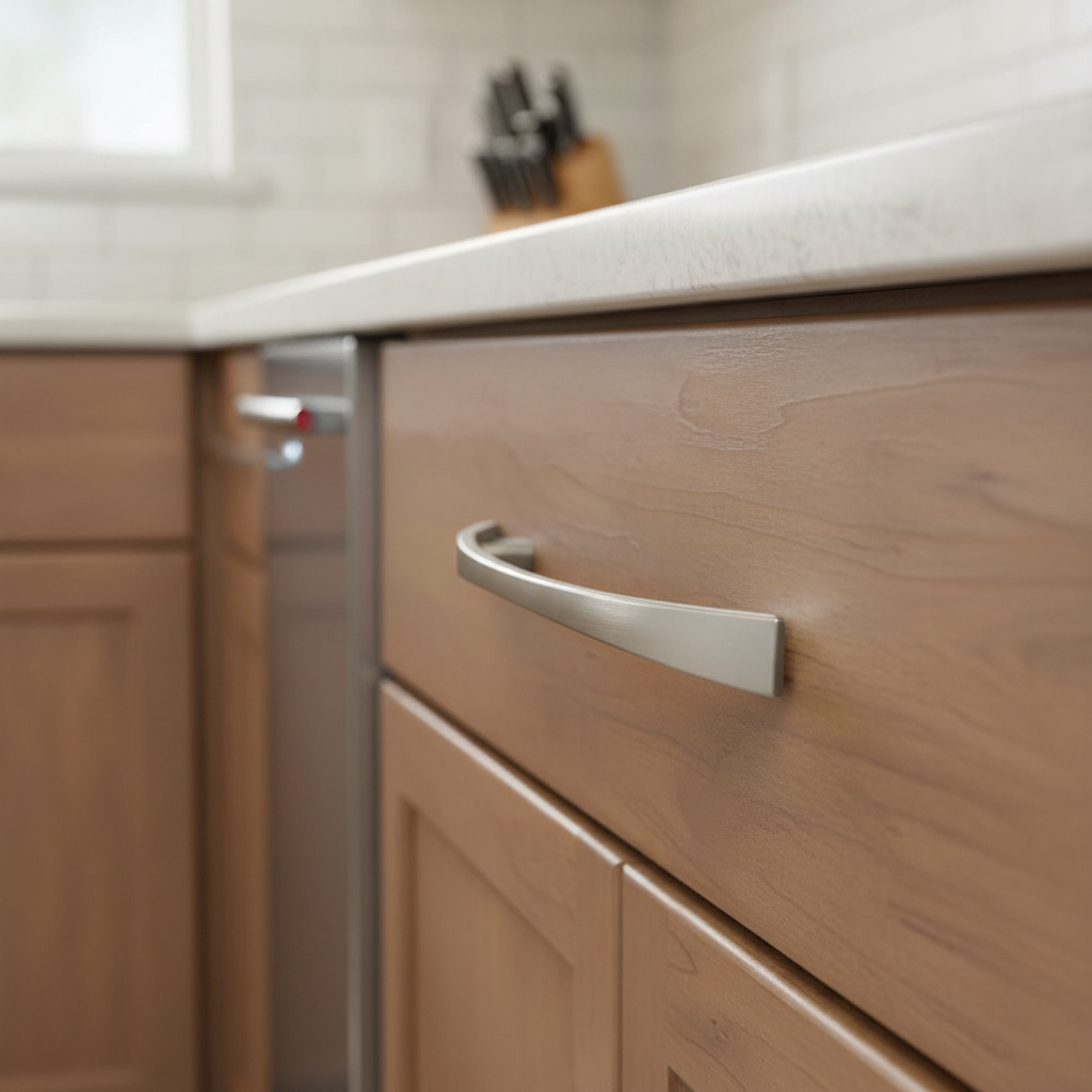 Close-up of wooden kitchen cabinets with a metallic handle