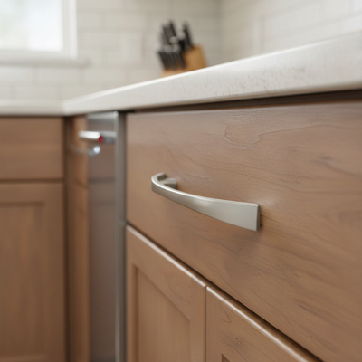 Close-up of wooden kitchen cabinets with a metallic handle