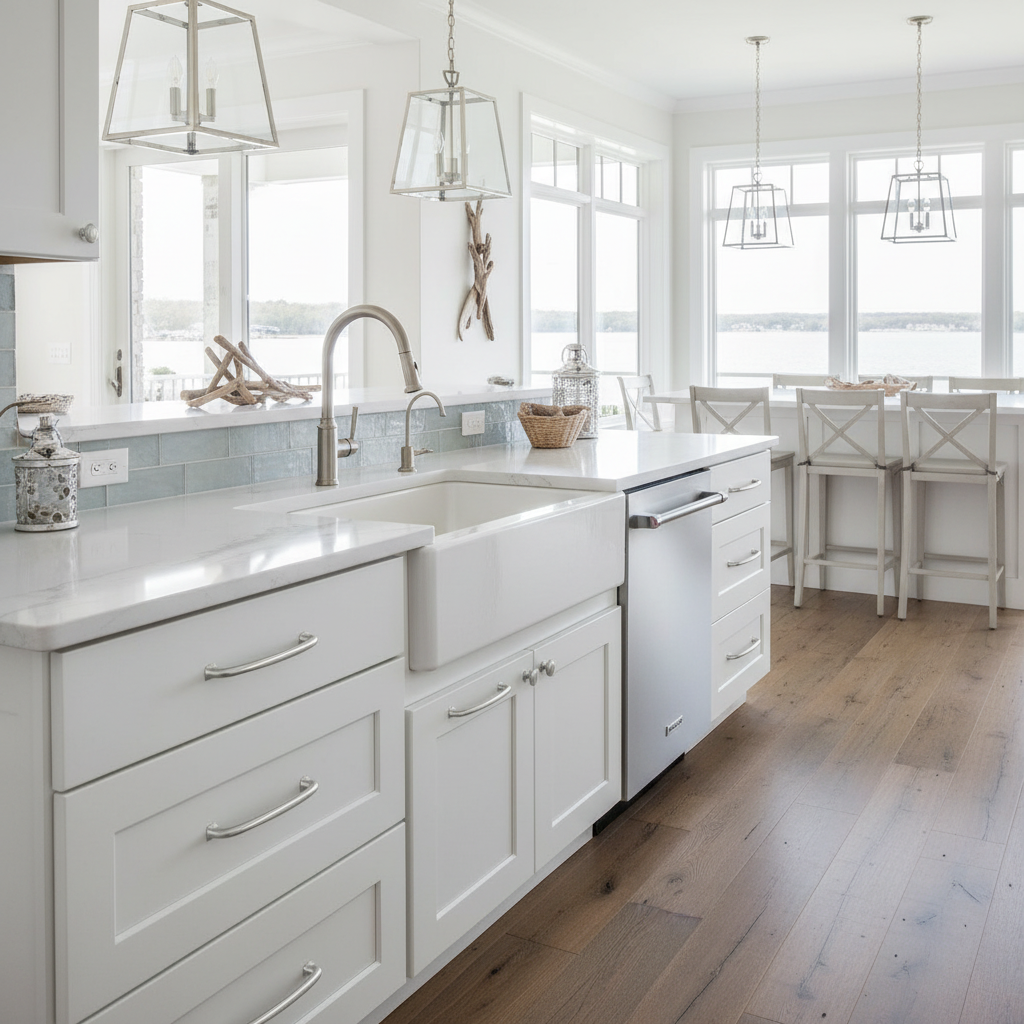 Modern kitchen with white cabinets, marble countertop, and large windows.