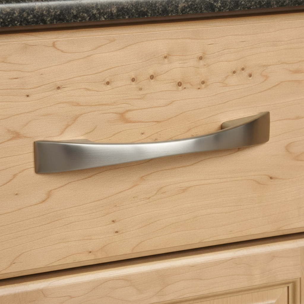 Wooden drawer with a satin nickel
 handle