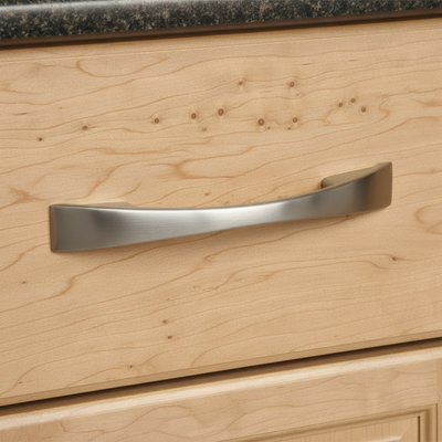 Wooden drawer with a satin nickel
 handle