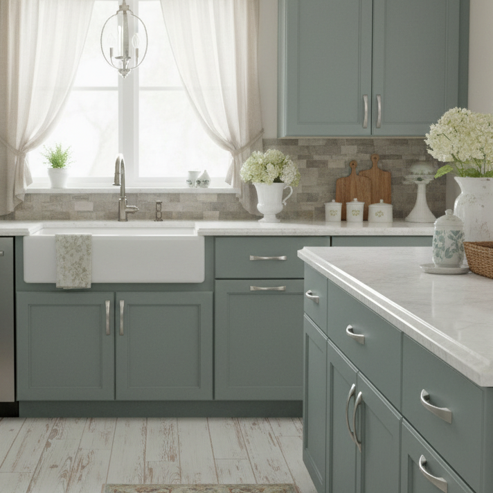Modern kitchen with gray cabinets, white countertops, and decorative elements.
