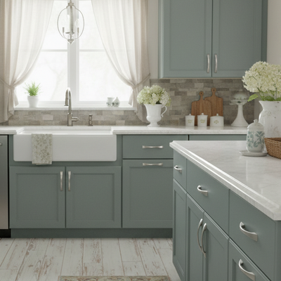 Modern kitchen with gray cabinets, white countertops, and decorative elements.