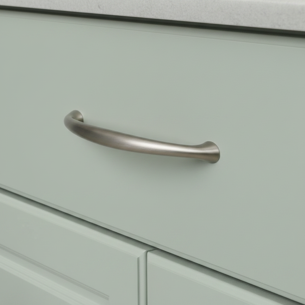 Close-up of a light green cabinet with a silver handle