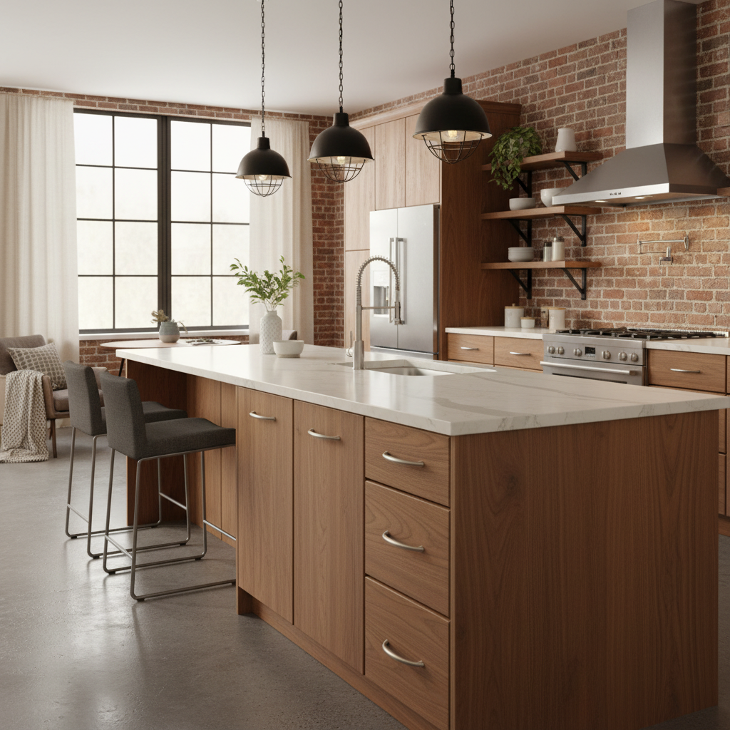 Modern kitchen with wooden island, stainless steel appliances, and brick wall.