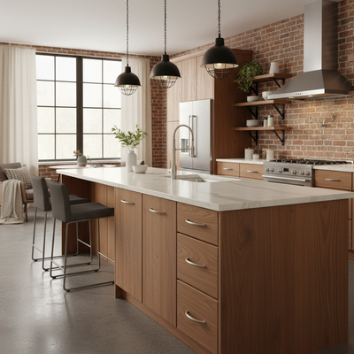 Modern kitchen with wooden island, stainless steel appliances, and brick wall.