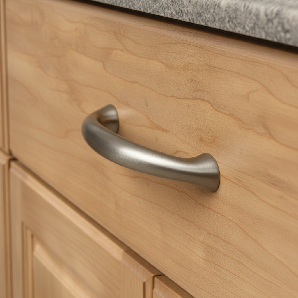 satin nickel cabinet handle on a wooden cabinet with a gray countertop.