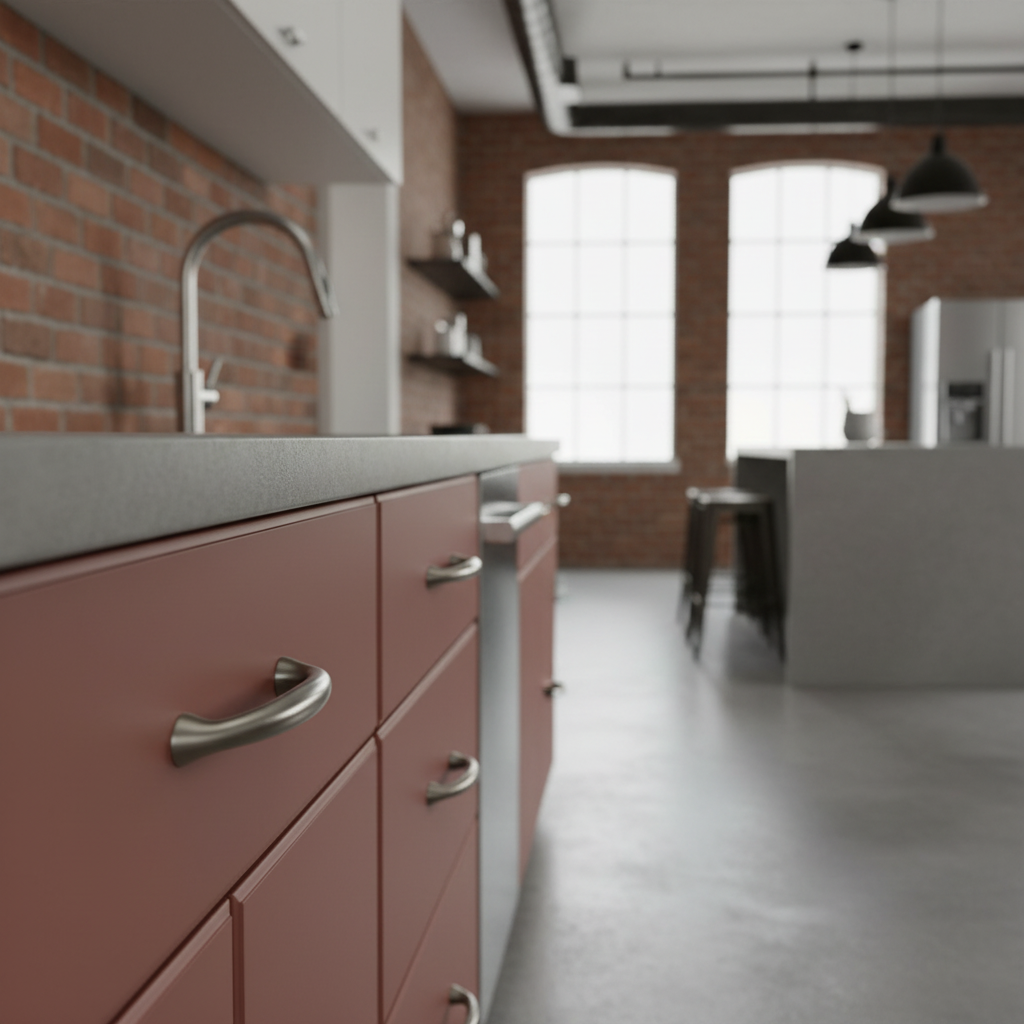 Modern kitchen with red cabinets and brick walls