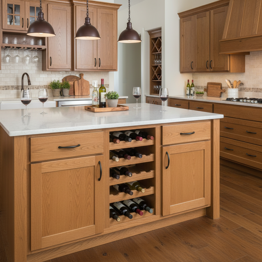Wooden kitchen island with wine storage in a well-lit kitchen.