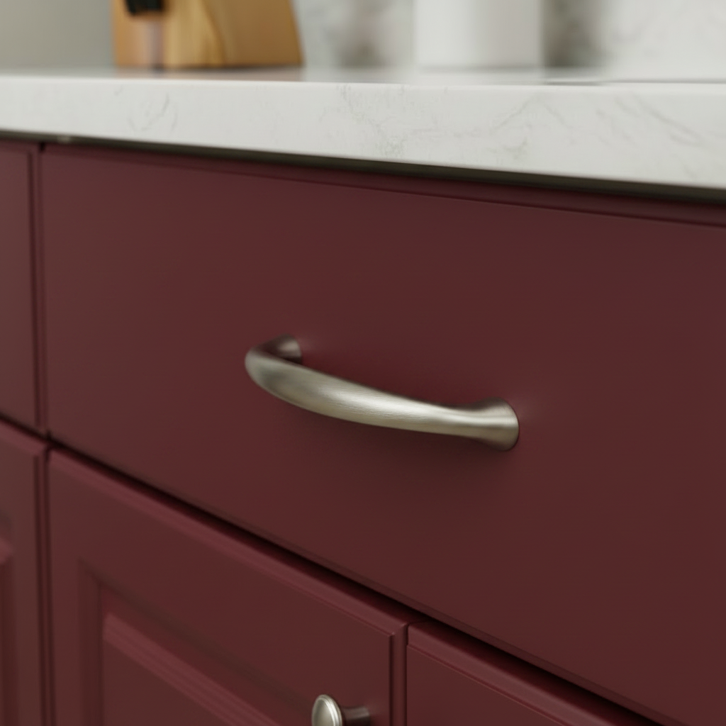 silver satin nickel cabinet pull on a cranberry cabinet drawer 