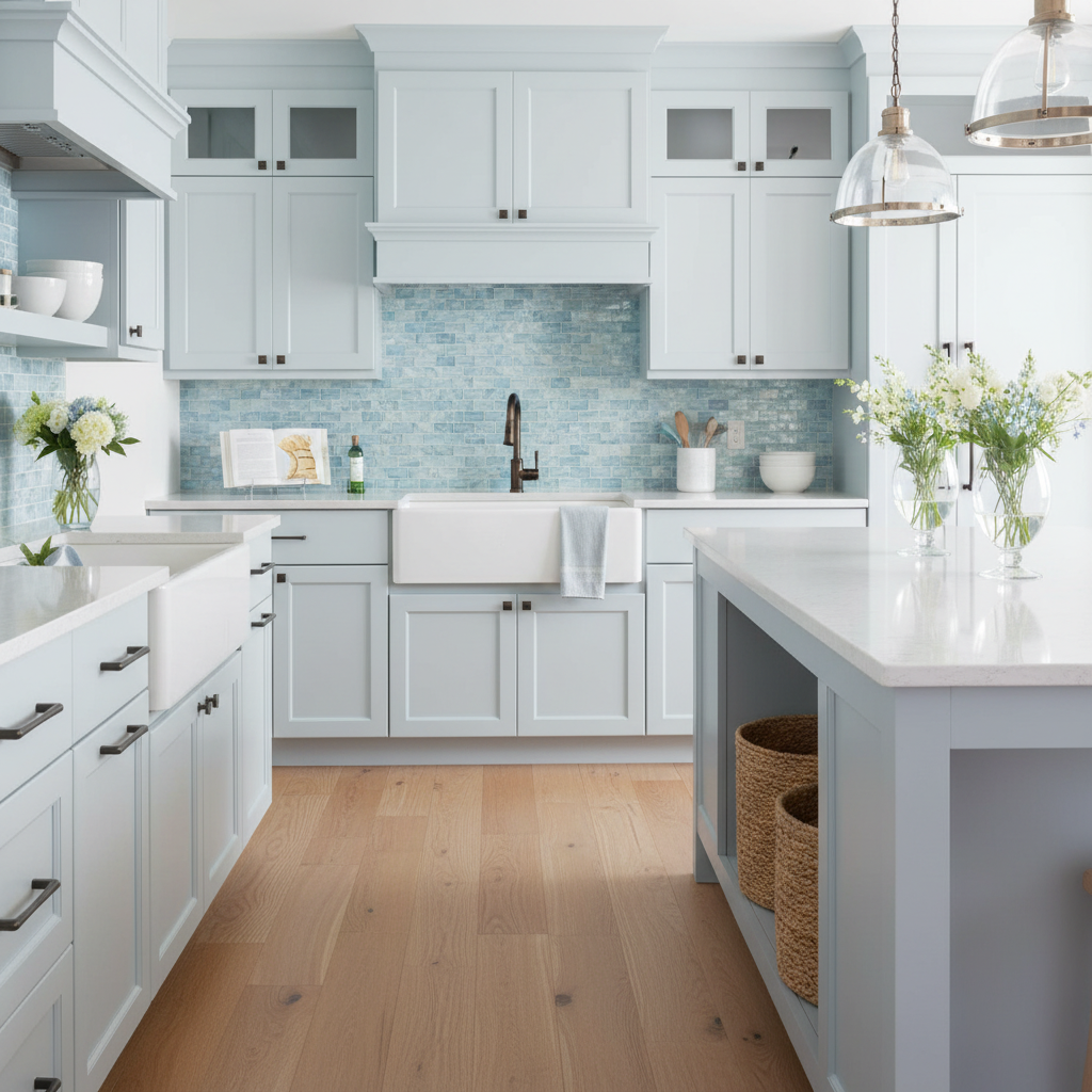Blue cabinets with a oil rubbed bronze handles