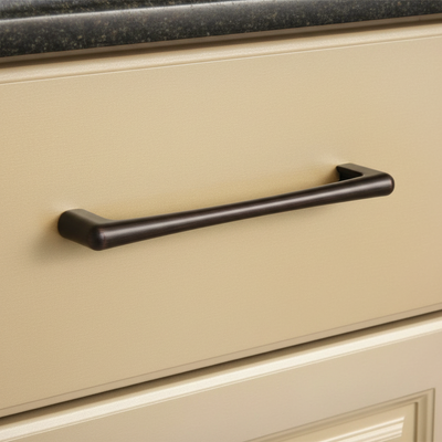 oil rubbed bronze slim handle on a yellow drawer 