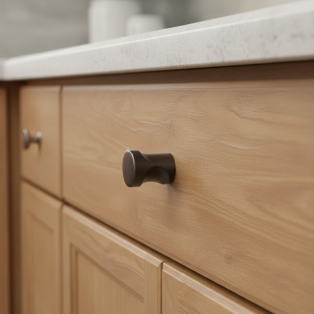 Wooden cabinet with a oil rubbed bronze handle on a light background