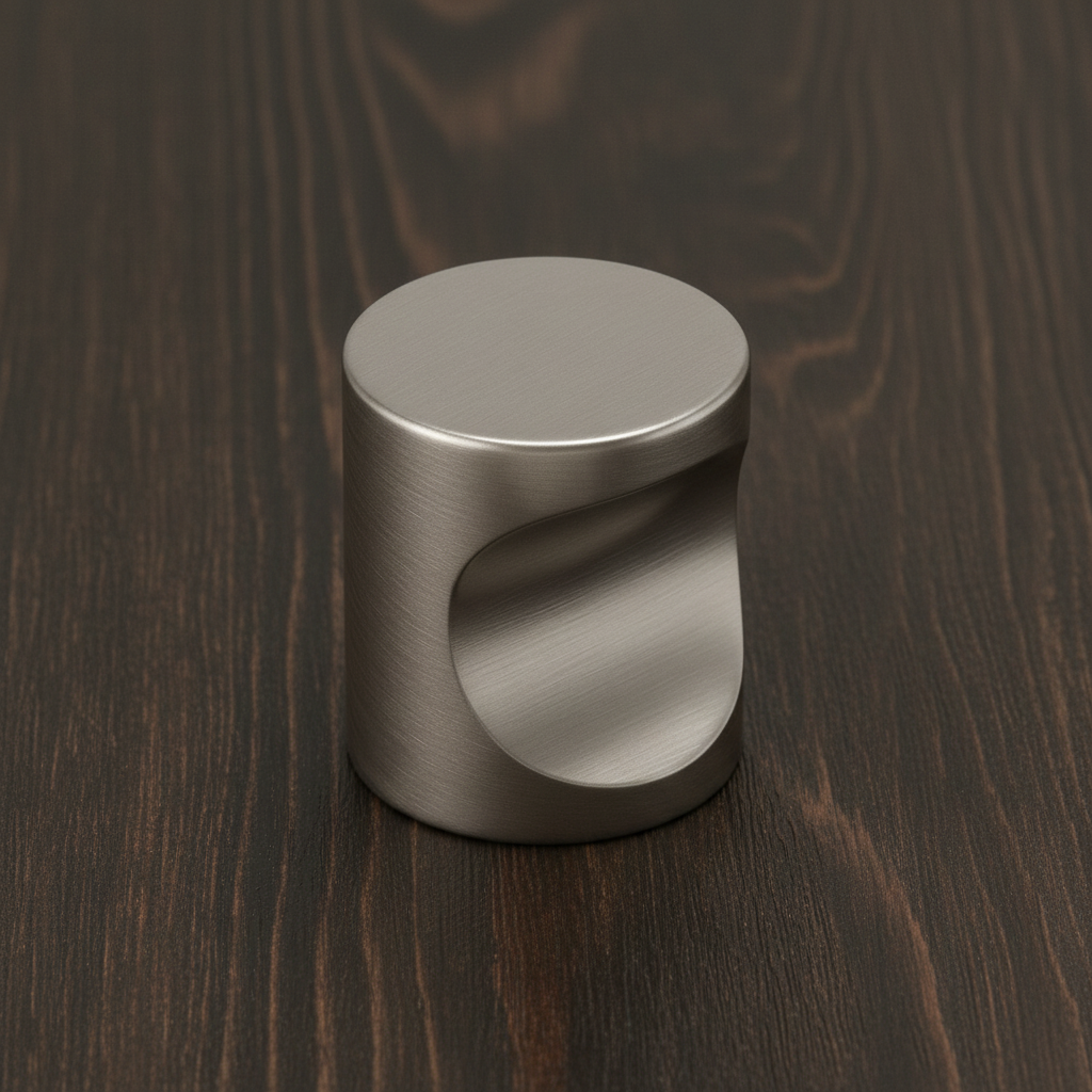 satin nickel cabinet knob installed on a wood drawer 