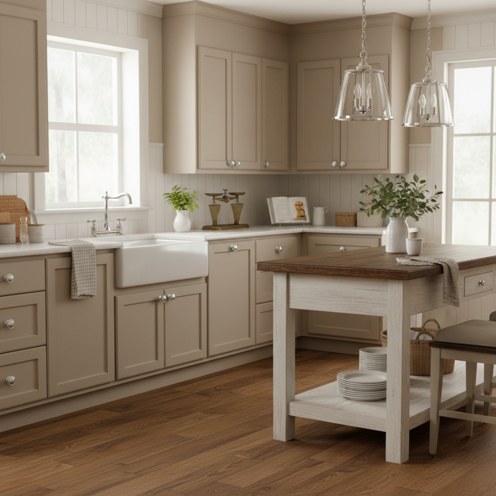 taupe kitchen with chrome round knobs 