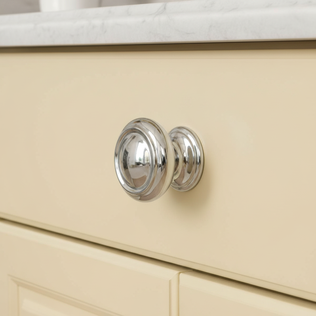 Close-up of a beige cabinet with a silver knob
