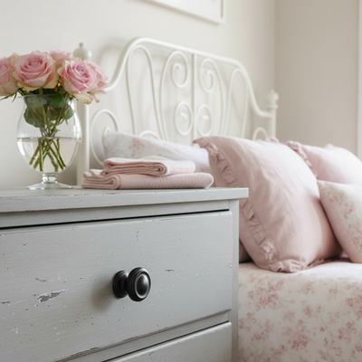 White dresser with pink floral bedding and a vase of pink roses in a bedroom setting.