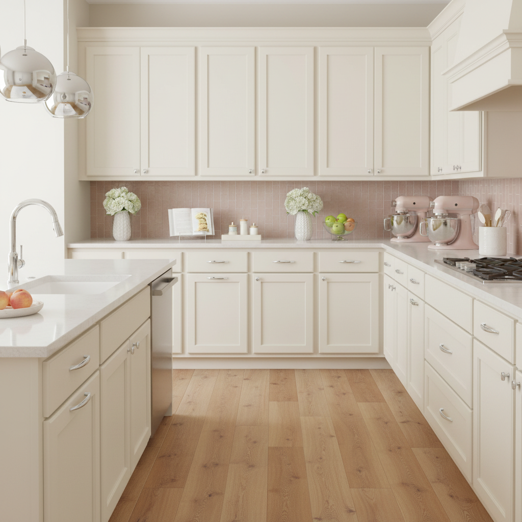 Modern kitchen with white cabinets, wooden floor, and various appliances.