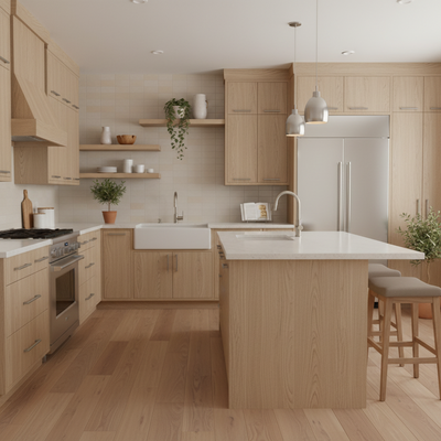 Modern kitchen with wooden cabinets, island, and stainless steel appliances.