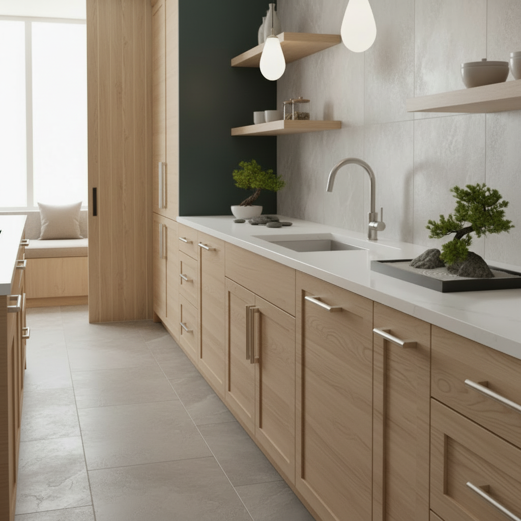 Modern kitchen with wooden cabinets, white countertops, and a sink.