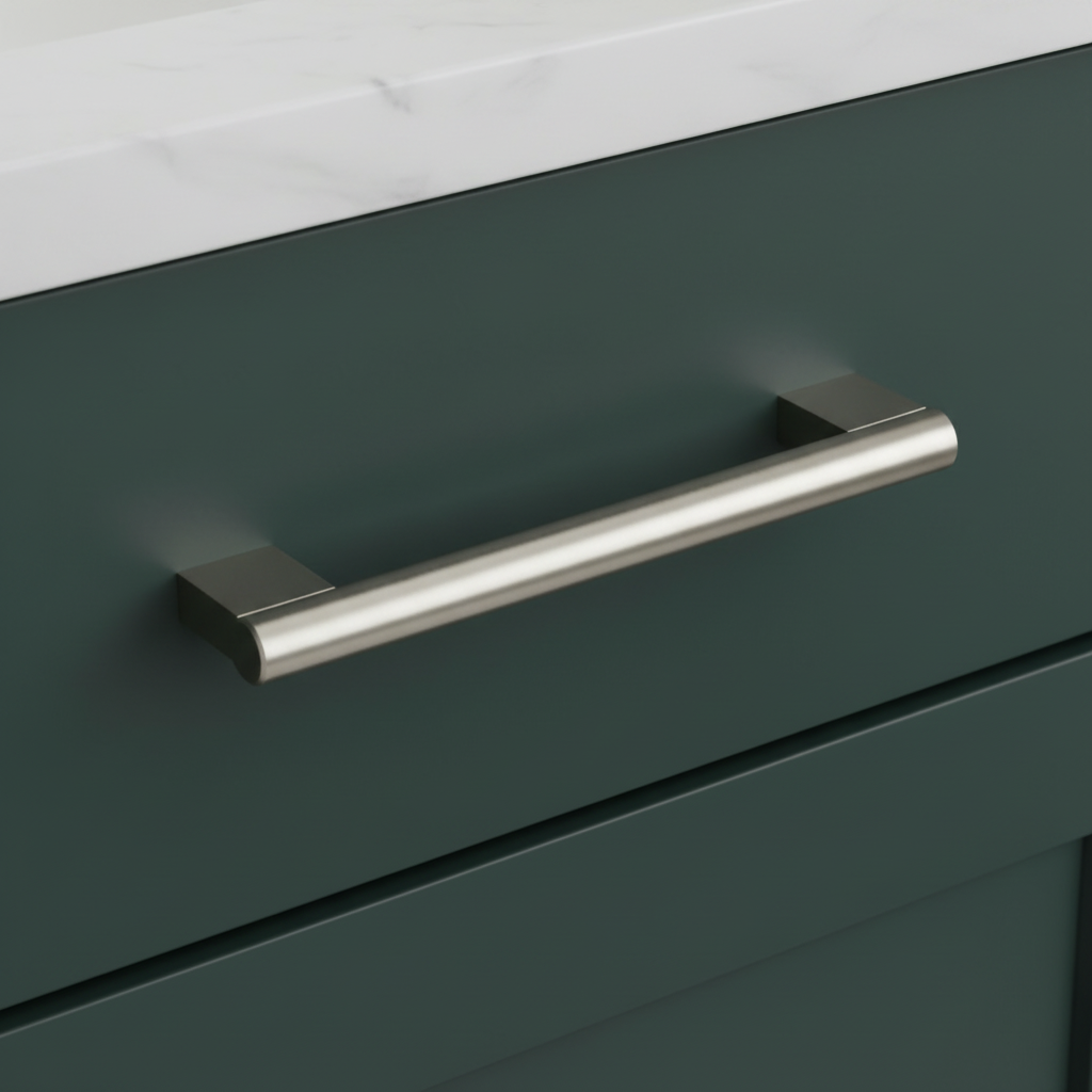 satin nickel handle on a green cabinet with a white countertop