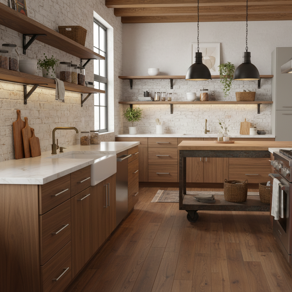 brushed satin nickel cabinet handles on wood drawers in a modern loft kitchen 