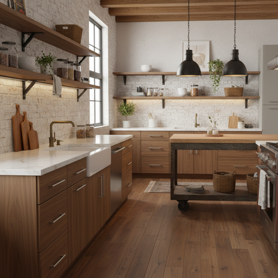 brushed satin nickel cabinet handles on wood drawers in a modern loft kitchen 