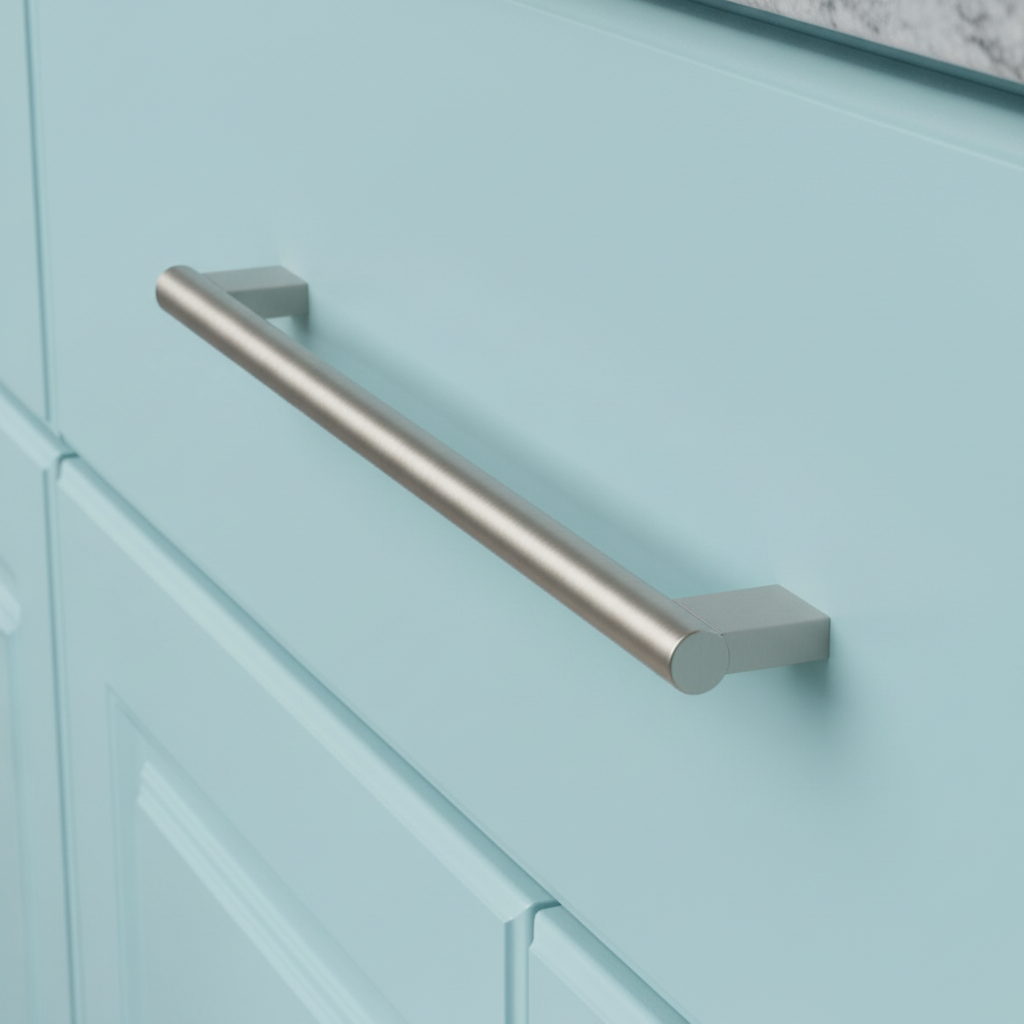 satin nickel handle on a light blue glass door