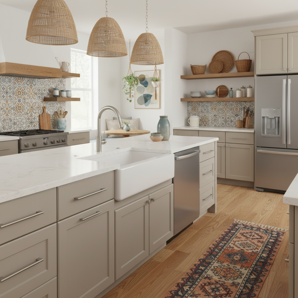 Modern kitchen with white countertops, stainless steel appliances, and wooden flooring.