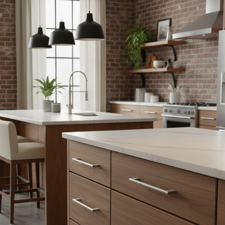 Satin nickel cabinet pulls on a modern kitchen with wooden cabinets, white countertops, and brick wall.