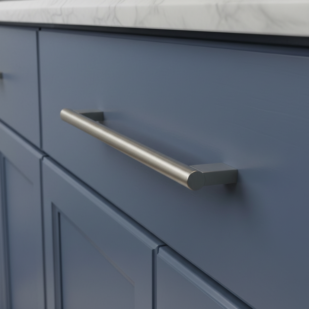 Cosmas satin nickel modern pull on a blue cabinet drawer 