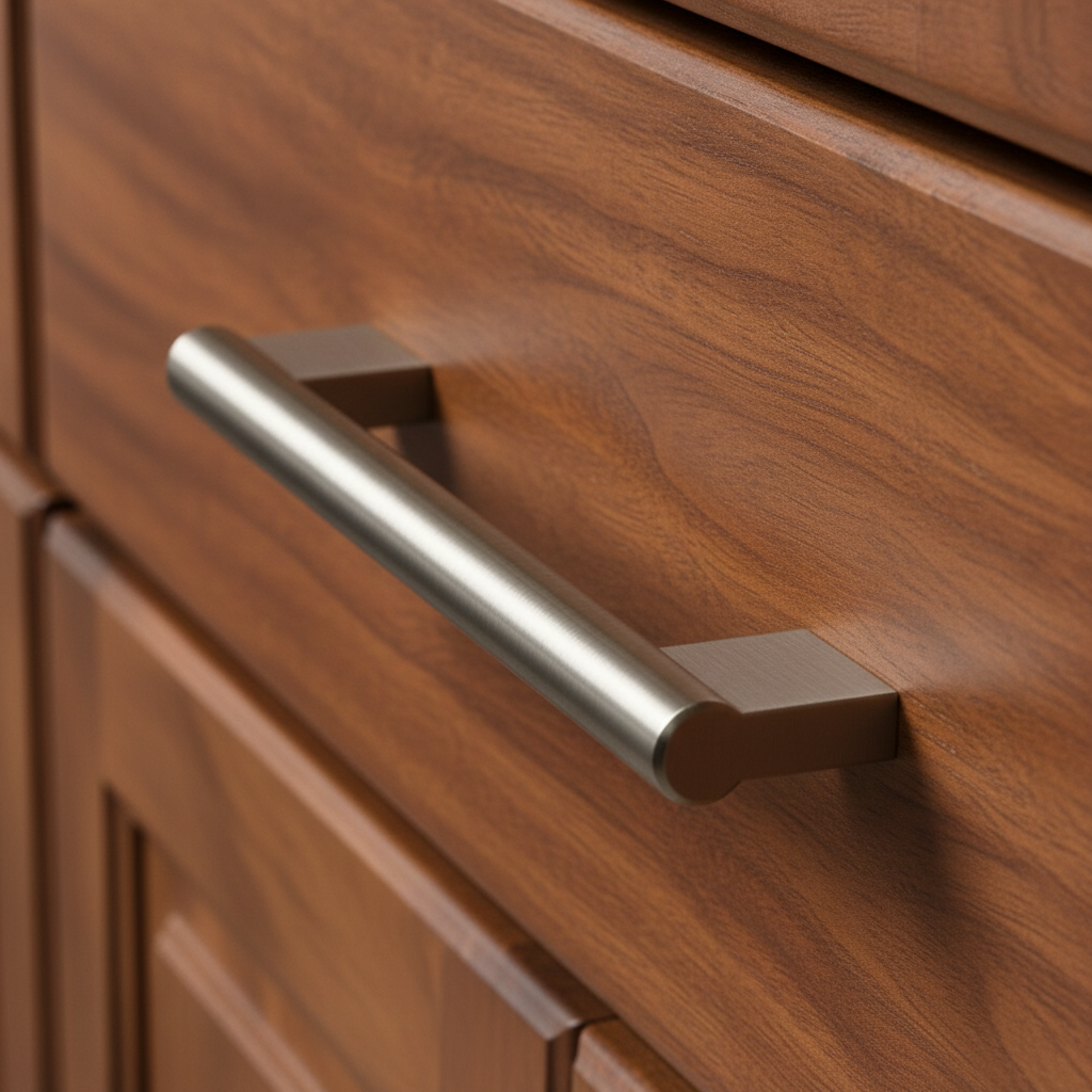 Satin nickel cabinet handle with a modern design on a Brazillian Cherry drawer 