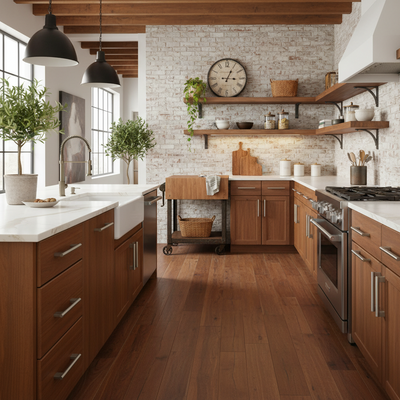 Satin nickel brushed cabinet pulls set on a modern kitchen with wooden cabinets, white marble countertops, and brick wall.