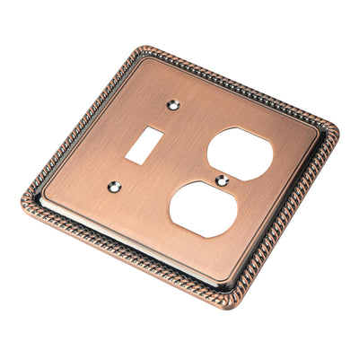 Harmon Antique Copper Single Toggle / Single Duplex Rope Edge Switchplate Cover