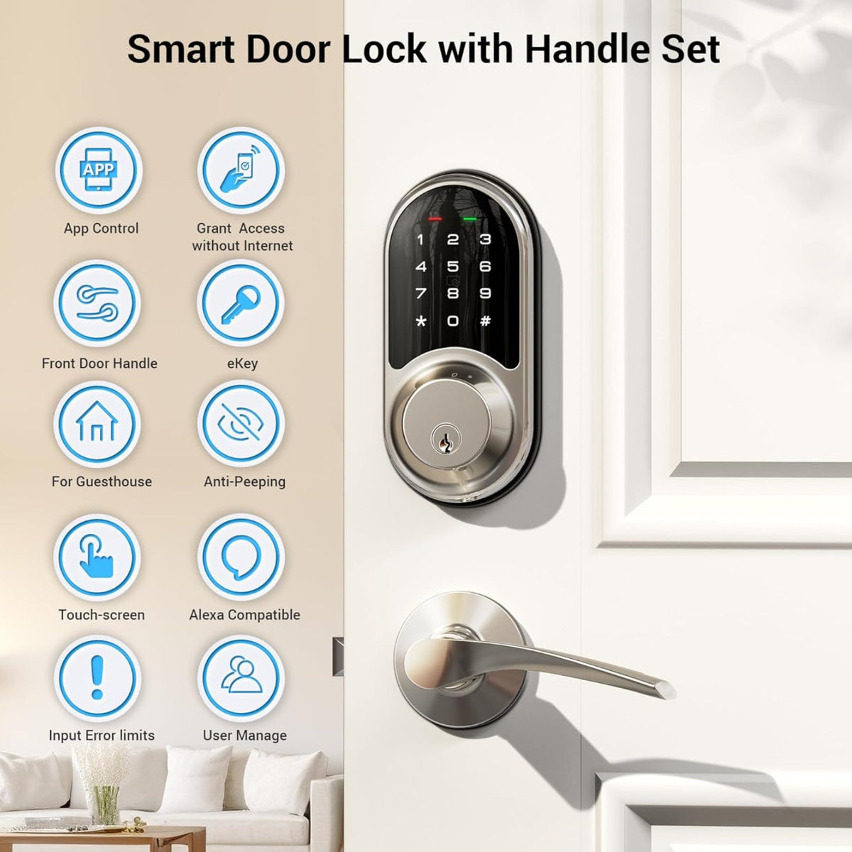 Keyless Entry RZ06B Satin Nickel Keypad Smart Deadbolt and Door Lever