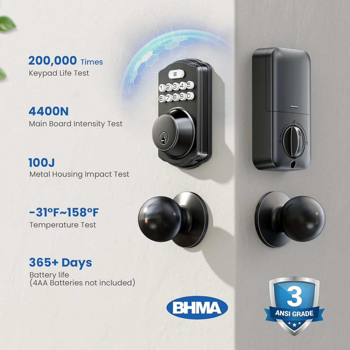 Keyless Entry KS01C Matte Black Keypad Deadbolt with Door Knob